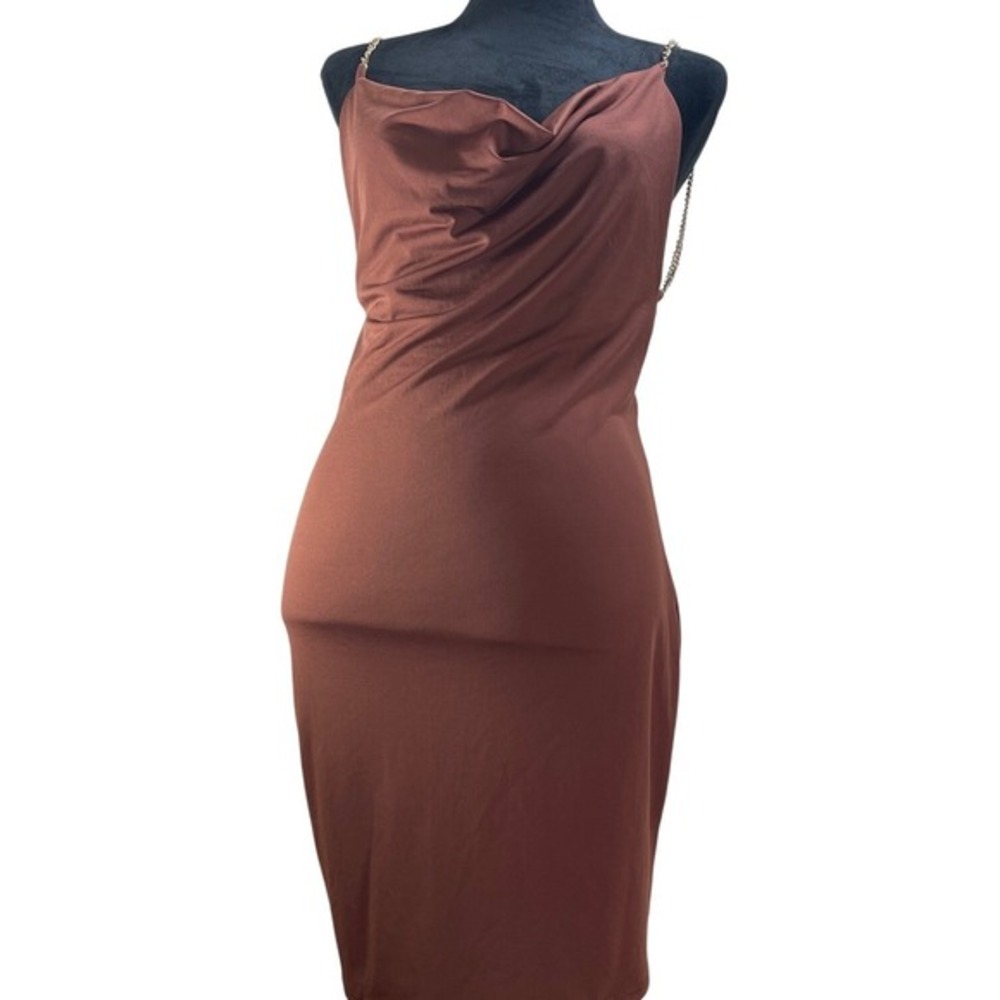 Wearever Brown Cowl Neck Bodycon Dress Gold Chain Straps Open Back sexy‎ earthy